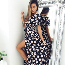 Load image into Gallery viewer, Fashion Floral Print V Neck Short Sleeve Split Belted Beach Maxi Dress