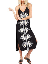 Load image into Gallery viewer, Bohemian vacation wind lapel embroidery harness split black dress dress