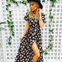 Load image into Gallery viewer, Fashion Floral Print V Neck Short Sleeve Split Belted Beach Maxi Dress