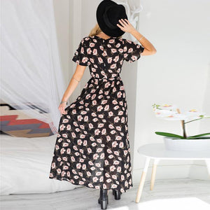 Fashion Floral Print V Neck Short Sleeve Split Belted Beach Maxi Dress
