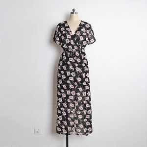 Fashion Floral Print V Neck Short Sleeve Split Belted Beach Maxi Dress