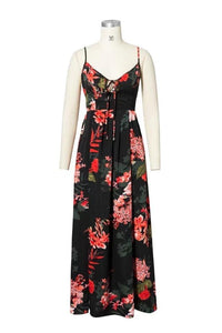 Floral Print Spaghetti Strap Back Cross Split Beach Maxi Dress