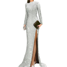 Load image into Gallery viewer, New elegant silver split sexy round neck evening dress