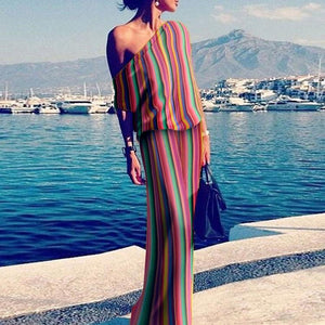 Summer new hot multi-color striped one-shoulder dress