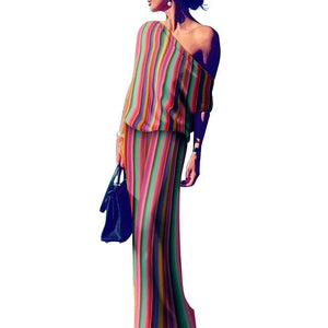 Summer new hot multi-color striped one-shoulder dress