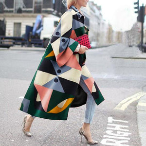 Fashion geometric print color loose wool long coat