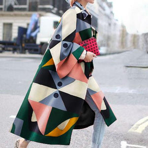 Fashion geometric print color loose wool long coat
