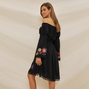 Women's holiday dress embroidered off shoulder lace stitched flare sleeve bohemian dress