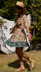 New Bohemian Holiday Print Dress Lace-up V-Neck Beach Dress
