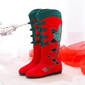 New autumn and winter beef tendon bottom national wind single boots embroidered inside increased women's boots in high boots cotton boots