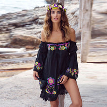 Load image into Gallery viewer, Women&#39;s holiday dress embroidered off shoulder lace stitched flare sleeve bohemian dress