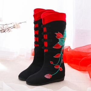 New autumn and winter beef tendon bottom national wind single boots embroidered inside increased women's boots in high boots cotton boots