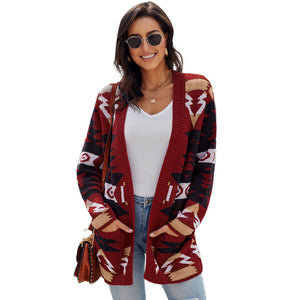 Medium and Long Cardigan Sweater Women Winter New Geometric Pattern Baggy Sweater