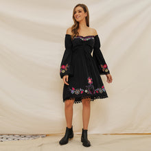 Load image into Gallery viewer, Women&#39;s holiday dress embroidered off shoulder lace stitched flare sleeve bohemian dress
