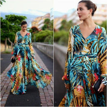 Load image into Gallery viewer, Chiffon Long Sleeves Dress Robe V Neck Floral Bohemian Boho Dress Long Dress Big Hem Maxi Dress