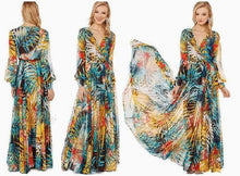 Load image into Gallery viewer, Chiffon Long Sleeves Dress Robe V Neck Floral Bohemian Boho Dress Long Dress Big Hem Maxi Dress