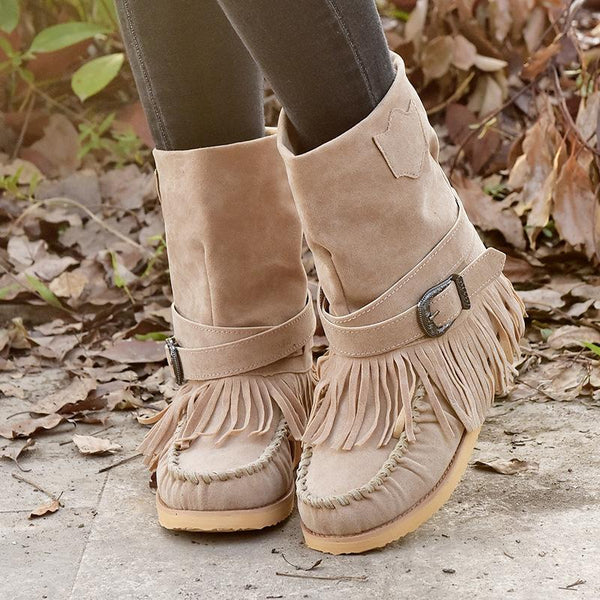 Tassel Flat Sole Large Buckle Hand Sewn National Style Cotton Boots