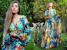 Load image into Gallery viewer, Chiffon Long Sleeves Dress Robe V Neck Floral Bohemian Boho Dress Long Dress Big Hem Maxi Dress