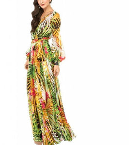 Chiffon Long Sleeves Dress Robe V Neck Floral Bohemian Boho Dress Long Dress Big Hem Maxi Dress