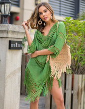 Load image into Gallery viewer, V-neck Half Sleeve Loose Cotton Hemp Hand Hook Joint Knitted Fringe Beach Cover Up