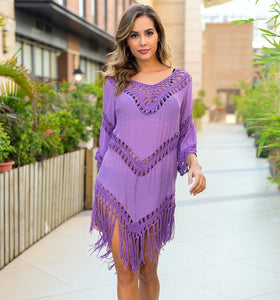 V-neck Half Sleeve Loose Cotton Hemp Hand Hook Joint Knitted Fringe Beach Cover Up