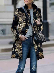 Women Retro Black Floral Print Cardigan Long Sleeves Vintage Jacket Slim Elegant Coat Outwear