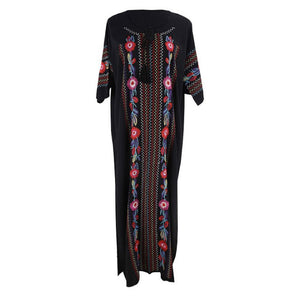 New Rayon Embroidered Mid-length-sleeved Beach Skirt Holiday Long Dress