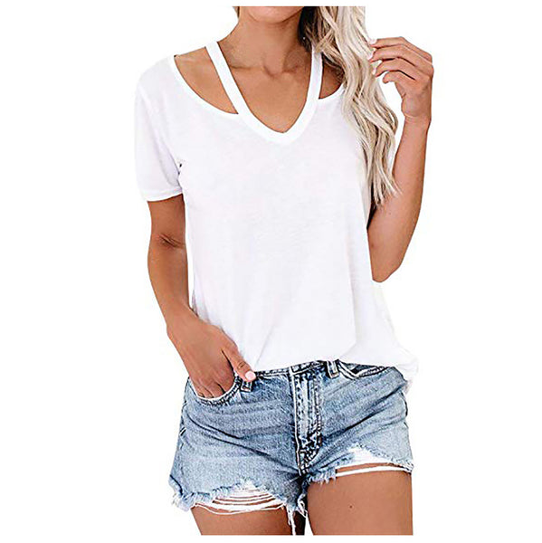 Women's Solid Color Strapless Short-sleeved Tops V-neck T-shirt