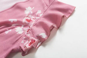 New Lotus leaf print skirt A Hem V-neck chiffon short-sleeved dress