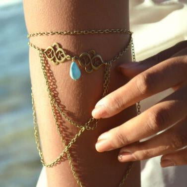 Vintage engraved auspicious turquoise water droplets multi-tassel arm chain bracelet