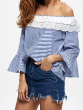 Load image into Gallery viewer, Stripe Off Shoulder Long Sleeve Tops T Shirt