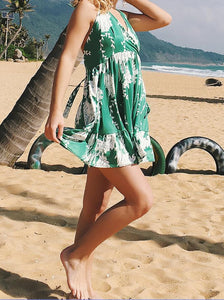 Sexy Printed Deep V Neck Sleeveless Backless Beach Mini Dress