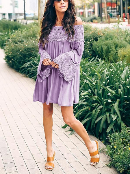 Women Lace Collar Long Sleeve Dress Short Skirt