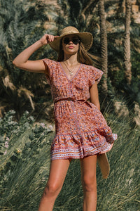 Spring and Summer New Beach Dress Printed Single-row V Collar Short-sleeved Bohemian Dress
