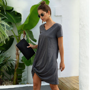 Summer's New Short-sleeved V-neck Hem Knotted Open Fork Loose Casual Skirt