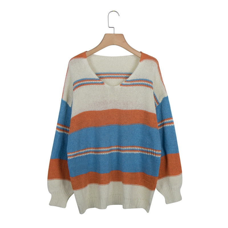 Autumn and Winter Casual Loose Solid Color Printed Sweater Sexy V-neck Sweater