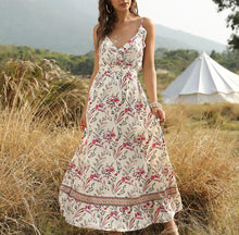 Load image into Gallery viewer, Bohemian Wind Printed Flounced V-neck Suspender Dress