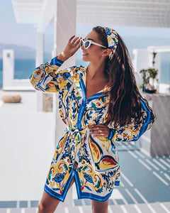 Spring and summer new bohemian style positioning print tie with long-sleeved shirt jumpsuit skirt