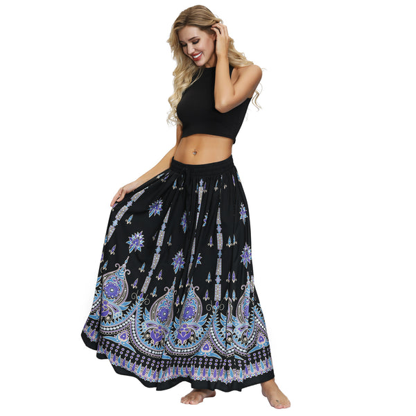 Printed Women's Elastic Waist Pleated Skirt Long Skirt