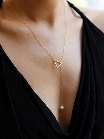 Simple Openwork Triangle Adjustable Pearl Pendant Women's Necklace Bone Chain