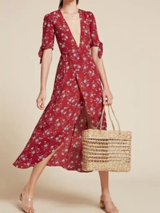 V-NECK HALF-SLEEVE FLORAL BOHO LONG DRESS