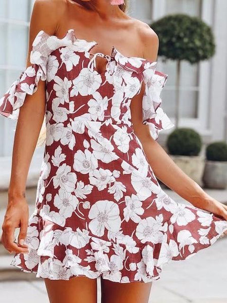 Flower Off Shoulder Backless Beach Mini Dress