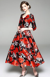 Elegant Floral Print Vintage Party Evening Maxi Dress