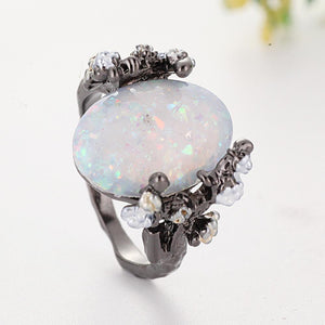 Tree Big stone rings white Oval Ring Black Rings Jewelry Moonstone Ring For Woman Wedding Engagment Jewelry