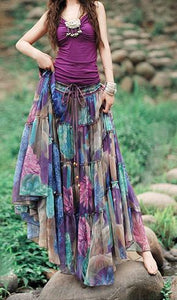Bohemian Floral Printed Mid-Calf Pleated Chiffon Skirt