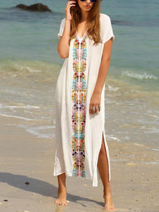 Beautiful White Bohemia Short Sleeve Deep V Neck Beach Maxi Dress