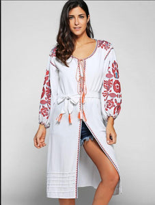 2 Colors Bohemian embroidery tassel linen long dress