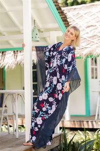 Fashion Floral Print V Neck Batwing Sleeve Boho Maxi Long Dress