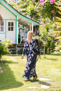 Fashion Floral Print V Neck Batwing Sleeve Boho Maxi Long Dress