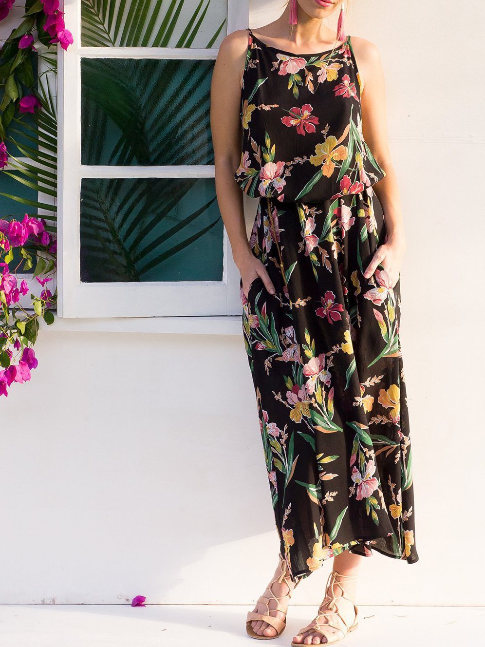 2018 Summer Sleeveless Floral Print Beach Maxi Dress